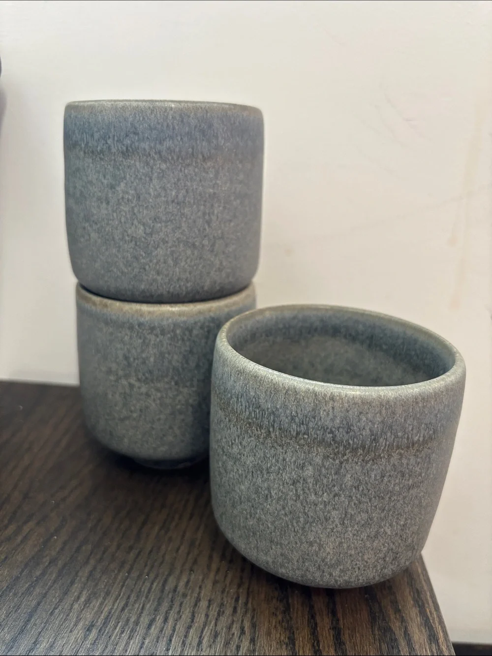 West Elm glazed stoneware Kanto mugs- set of 3, gray/blue, 3.75” tall